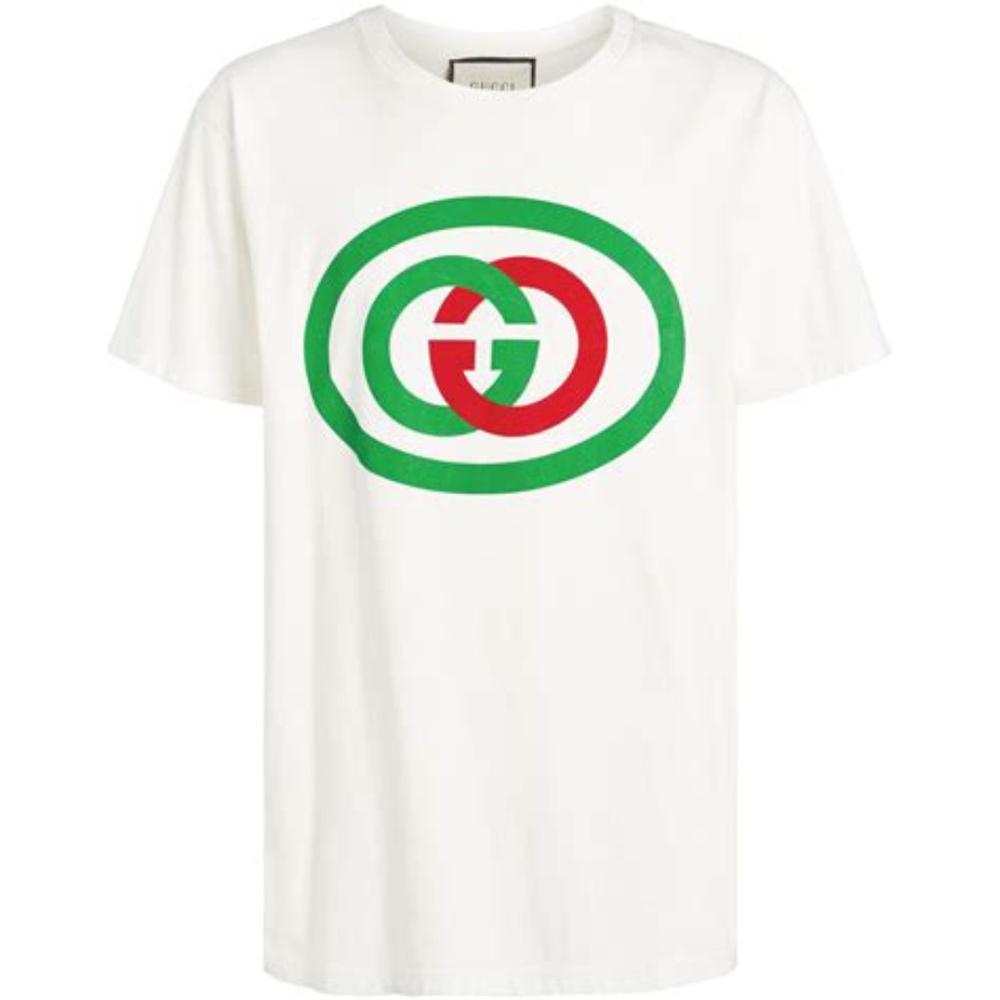 Gucci Milk/Green/Red Unisex Interlocking-g Logo Oversize Cotton Graphic Tee Shir